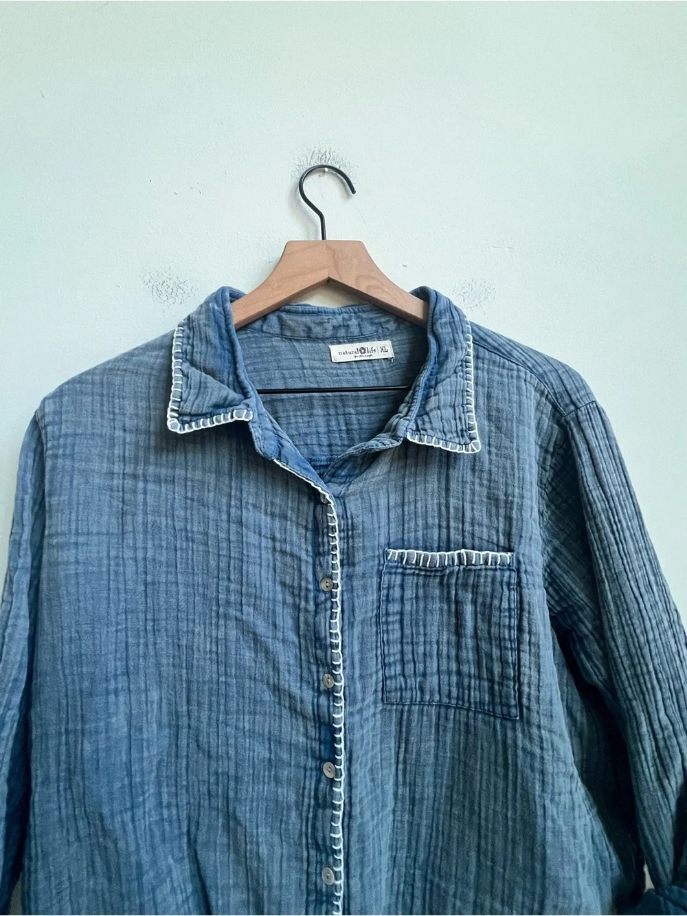 Natural Life Lola Tie Cotton Button Down shirt crinkled gauze Stitch Denim XL - Picture 8 of 11
